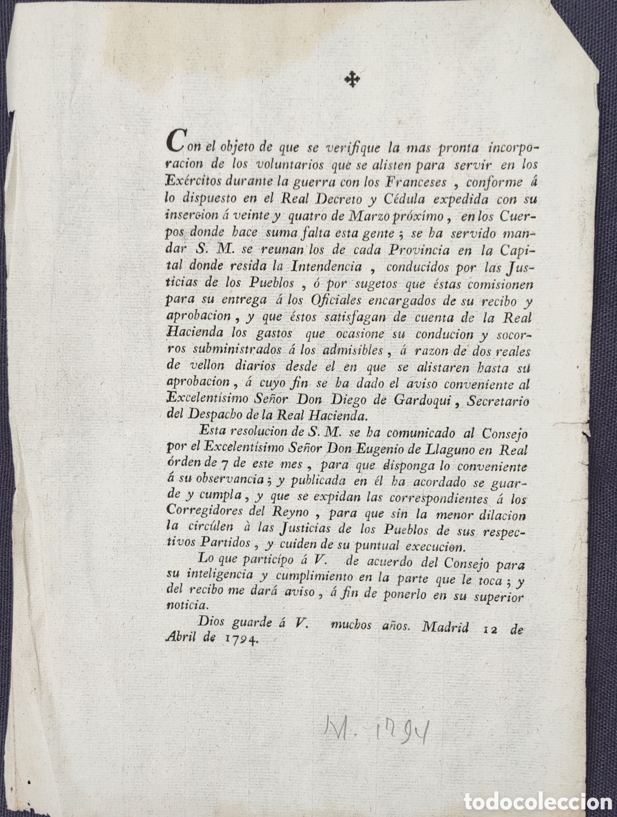 Militaria: Documento Resoluci&oacute;n sobre Voluntarios a la guerra con los franceses Madrid 1794