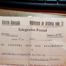 Militaria: TELEGRAMA POSTAL DIVISION ACORAZADA.REGIMIENTO ARTILLERIA Nº 13 GETAFE