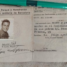 Militaria: CARNET PARQUE MAESTRANZA ARTILLERIA BARCELONA AÑO 1949. SELLO VITORIA.