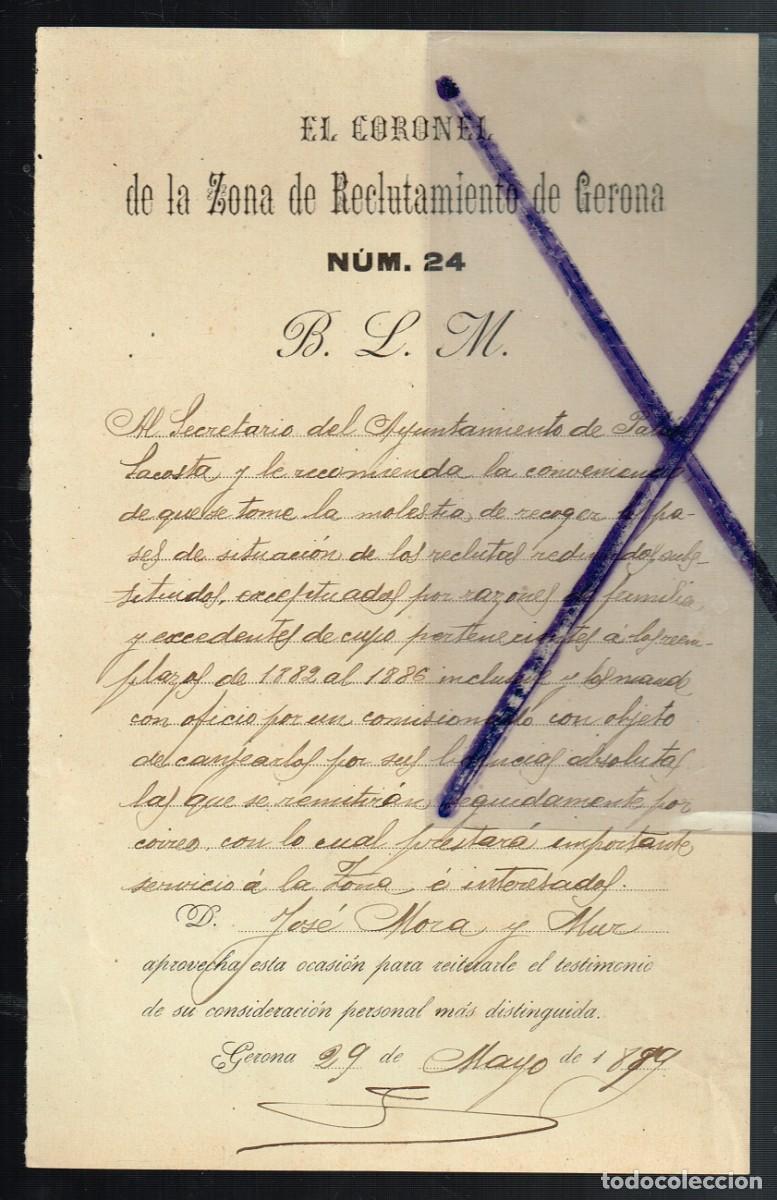 Militaria: 1889 CORONEL ZONA RECLUTAMIENTO GIRONA, AYTO. PALAU LACOSTA LISTA RECLUTAS REDIMIDOS EXCEPTUADOS ETC