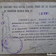 Militaria: TARJETA REGIMIENTO INFANTERÍA VALENCIA NÚMERO. 23 - SANTANDER (CANTABRIA) 1946 - PERMISO ILIMITADO