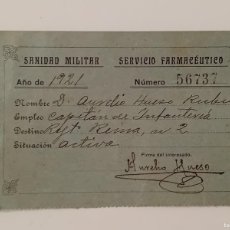 Militaria: TARJETA SANIDAD MILITAR SERVICIO FARMACÉUTICO CAPITÁN. REGIMIENTO REINA 1921