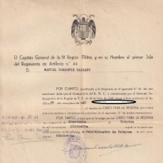 Militaria: 1950 NOMBRAMIENTO DE CABO PARA LA RESERVA - PRIMER JEFE DEL REGIMIENTO DE ARTILLERÍA Nº 44 EN NOM...