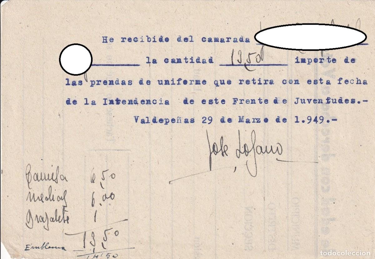 Militaria: Recibo del Frente de Juventudes de Valdepe&ntilde;as por prendas de uniforme - 29 de marzo de 1949