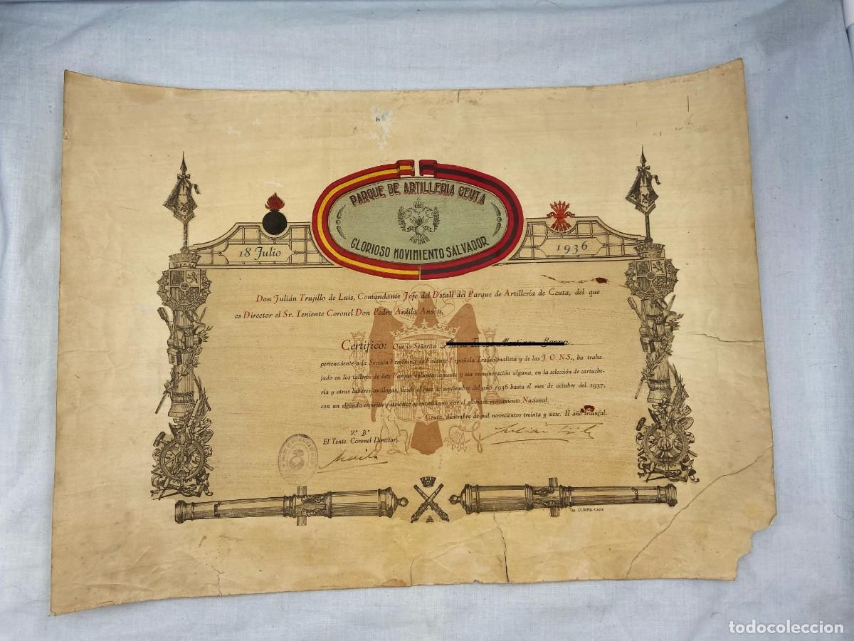Militaria: GUERRA CIVIL DOCUMENTO DEL PARQUE DE ARTILLERIA CEUTA SECCION FEMENINA FALANGE Y LAS J.O.N.S. 1937