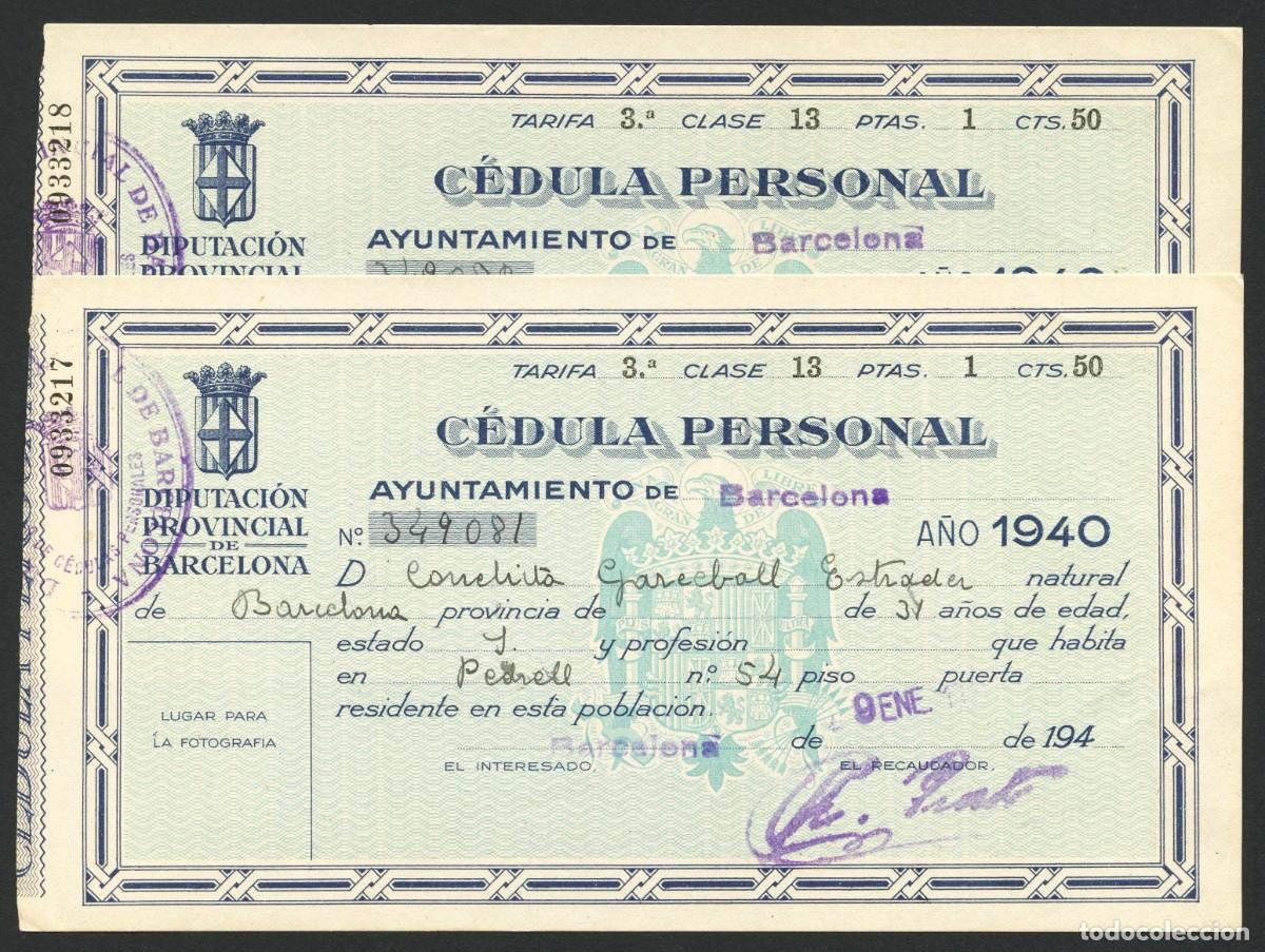 Militaria: POSGUERRA, DOCUMENTO, C&Eacute;DULA PERSONAL, 1940, BARCELONA, PAREJA CORRELATIVA
