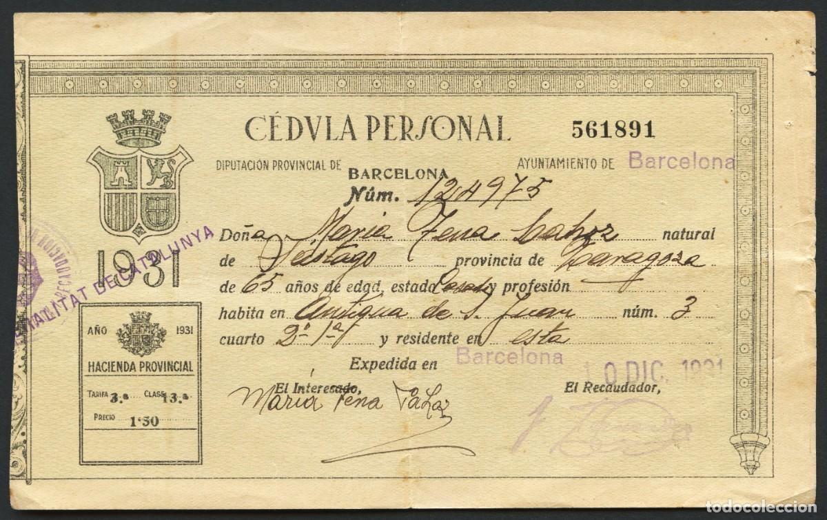 Militaria: REP&Uacute;BLICA ESPA&Ntilde;OLA, GENERALITAT DE CATALUNYA, C&Eacute;DULA PERSONAL, 1931