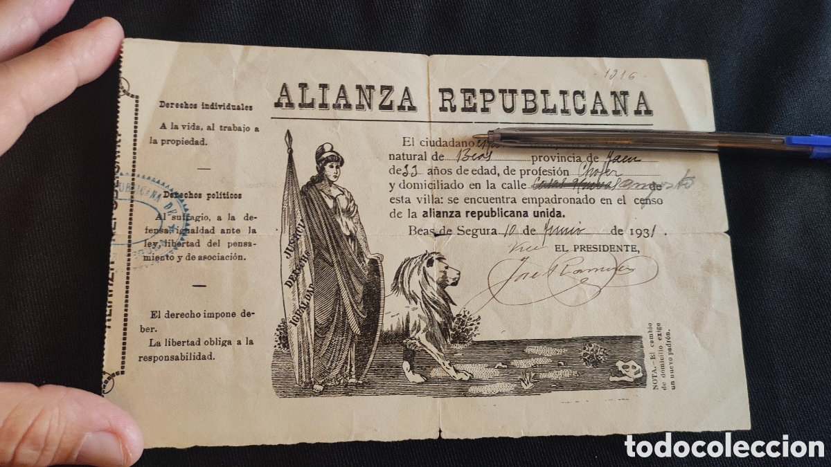 Militaria: Documento Alianza republica - Foto 1