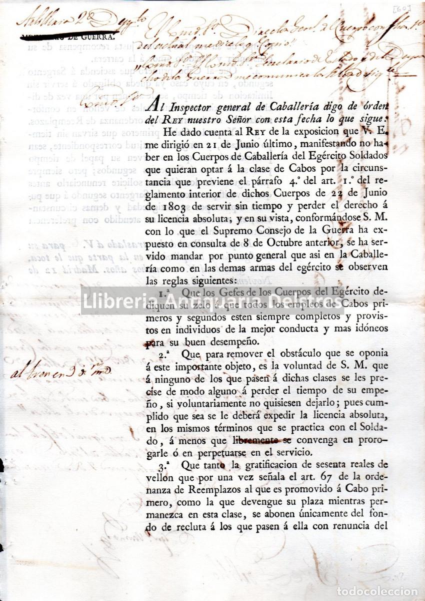 Militaria: Fernando VII. - [Reemplazos en el Ej&eacute;rcito para Cabos. Reglas] Al Inspector general de Caballer&iacute;a [�
