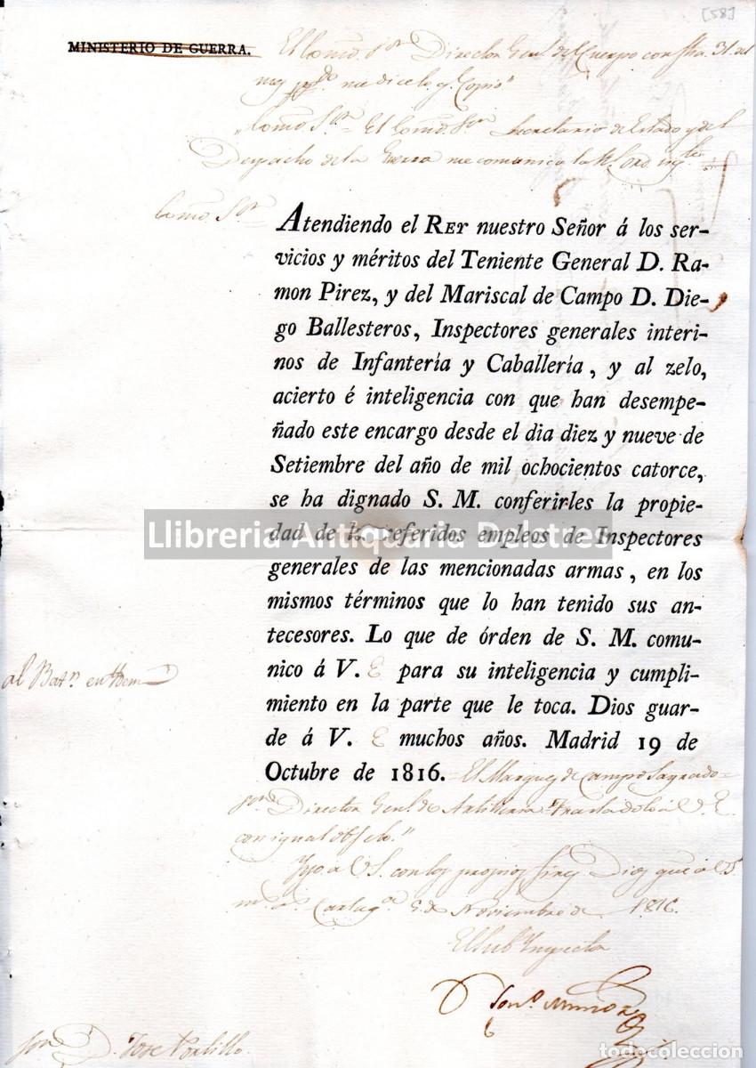 Militaria: Fernando VII. - [Propiedad del empleo de Inspector General] Atendiendo al Rey nuestro Se&ntilde;or [...]