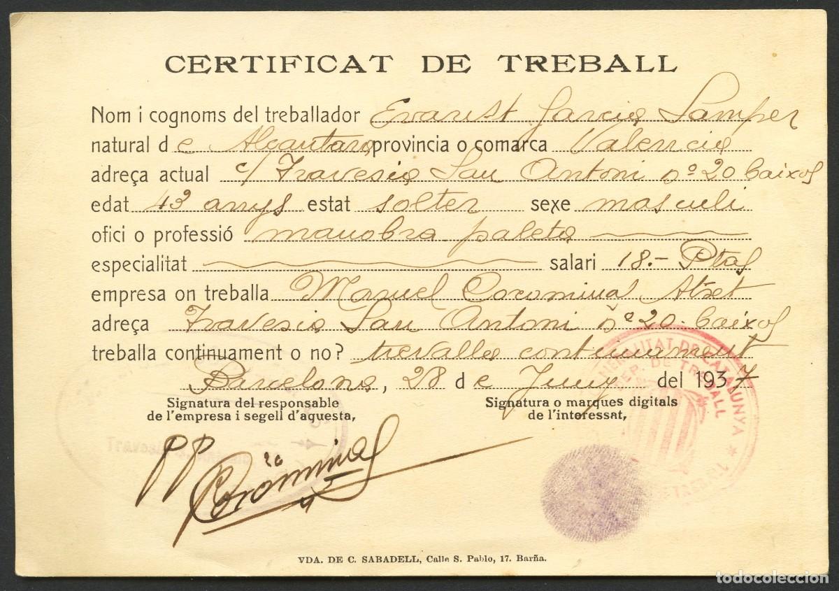Military Antiques: GUERRA CIVIL, DOCUMENTO, CARNET, CERTIFICAT DE TREBALL, 1937, BARCELONA