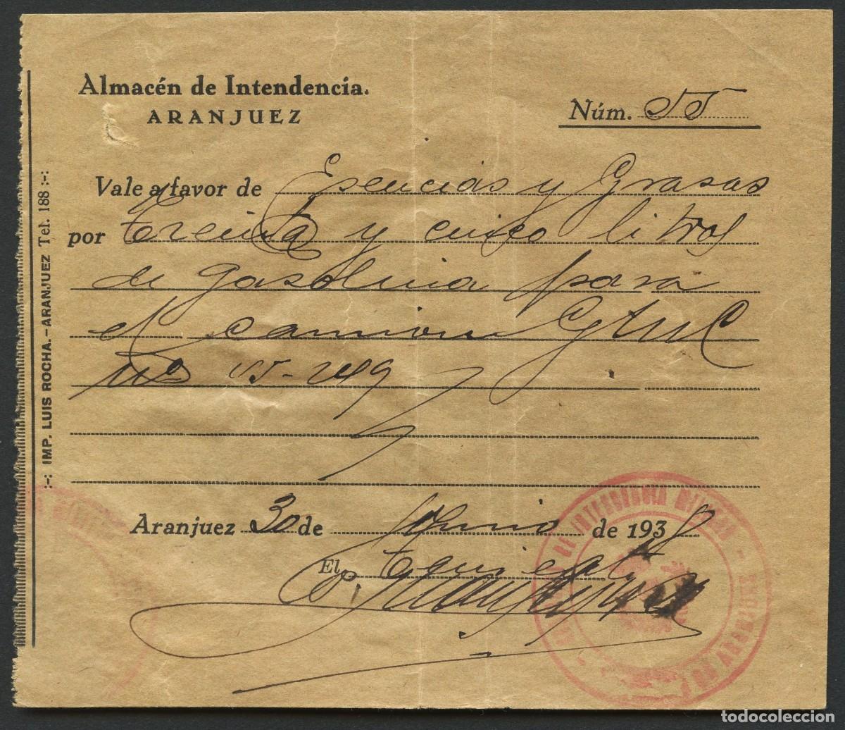 Militaria: GUERRA CIVIL, VALE, ALMAC&Eacute;N DE INTENDENCIA, ARANJUEZ, 1938