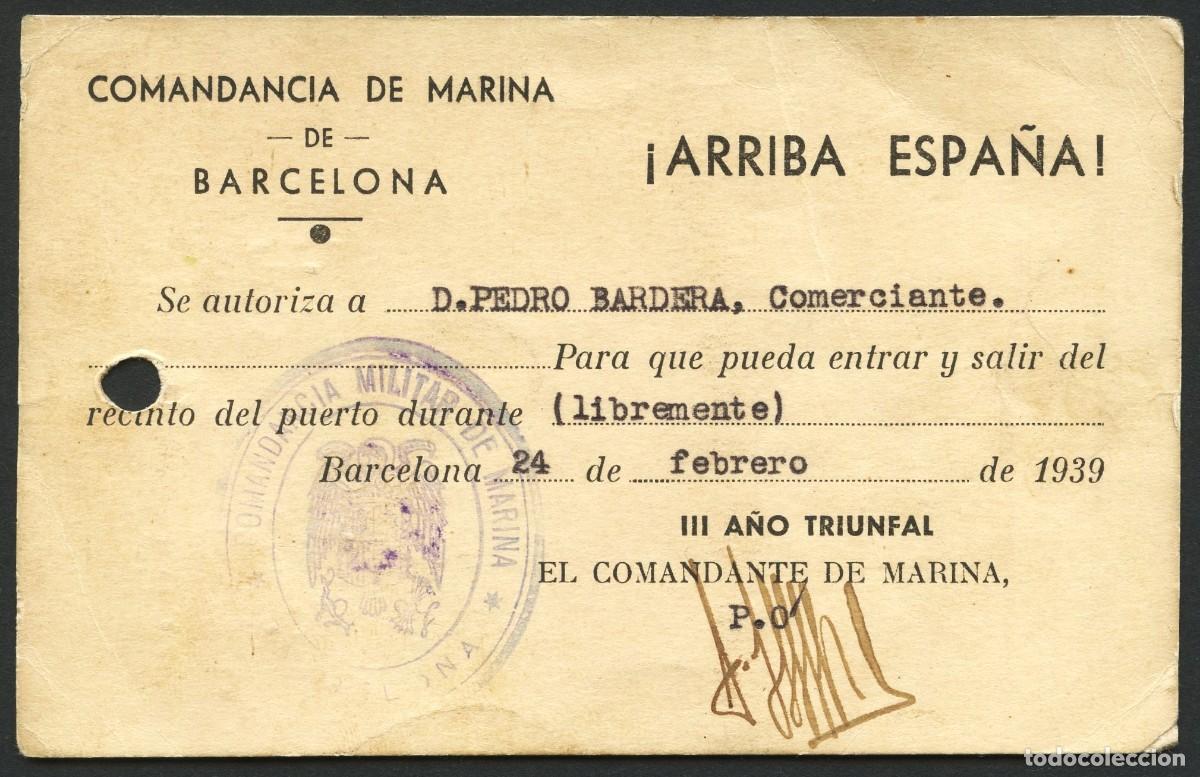 Militaria: GUERRA CIVIL, SALVOCONDUCTO MILITAR, COMANDANCIA DE MARINA DE BARCELONA, 1939