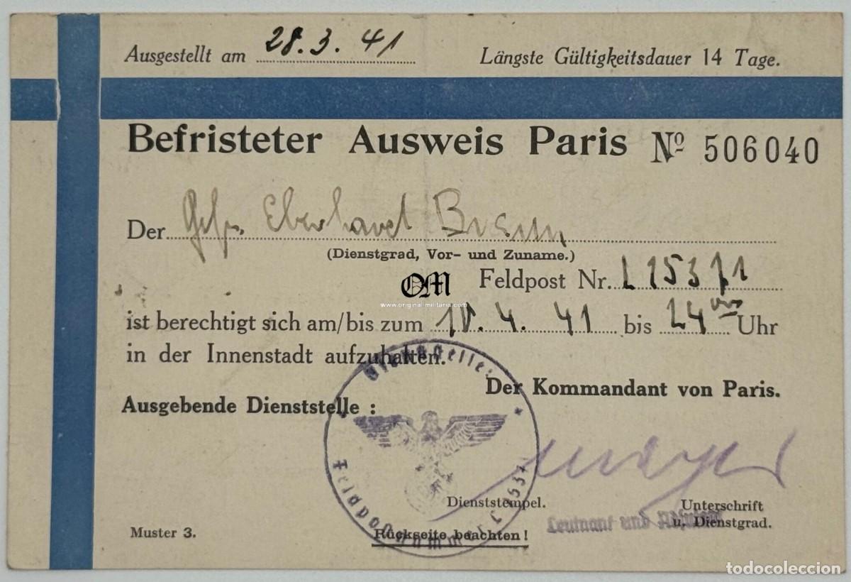 Militaria: Pase Temporal para Permanecer en el Centro de Par&iacute;s &laquo;Der kommandant von Gross-Paris&raquo;
