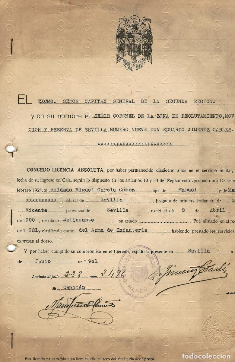 Military Antiques: MASON SEVILLANO REPRESALIADO LICENCIA ABSOLUTA 1941 F51