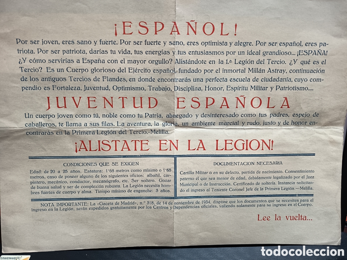 Militaria: Al&iacute;state en la legi&oacute;n documento original 1935 - Foto 1