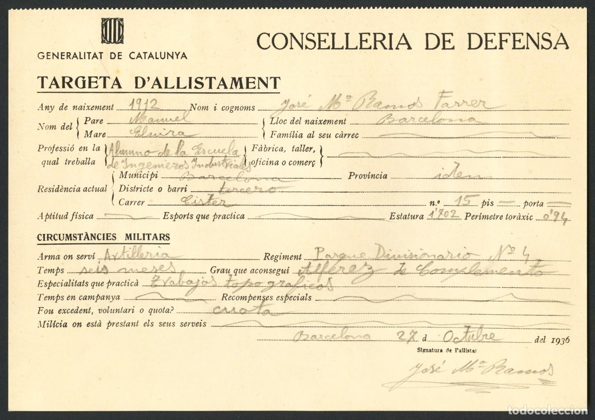 Militaria: GUERRA CIVIL, TARJETA DE ALISTAMIENTO, CONSELLERIA DE DEFENSA, 1936