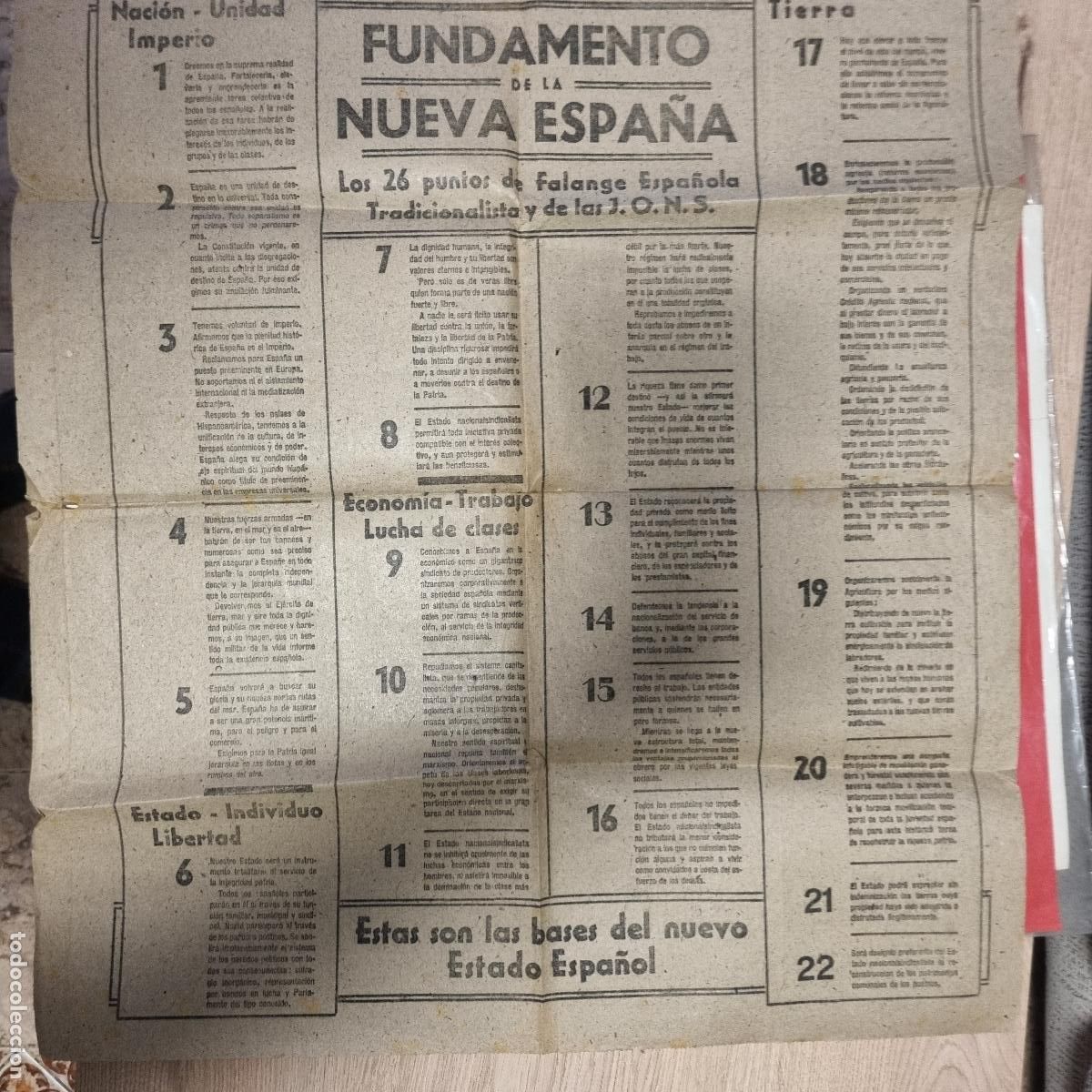 Militaria: CARTEL GRAN HOJA FUNDAMENTO DE LA NUEVA ESPA&Ntilde;A 26 PUNTOS FALANGE JOSE ANTONIO 1933 ORIGINAL PL1&ordm;