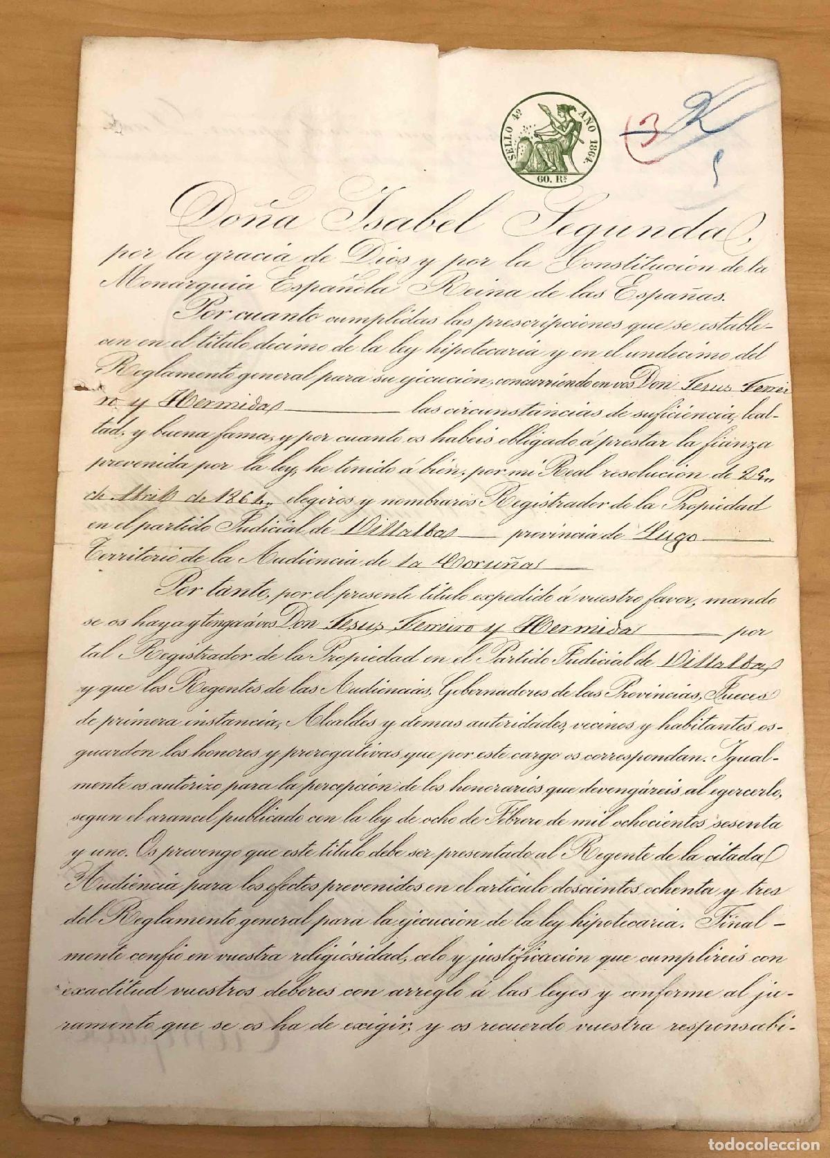 Militaria: FIRMA REAL REINA ISABEL II NOMBRAMIENTO REGISTRADOR DE LA PROPIEDAD EN VILLALBA, 1864