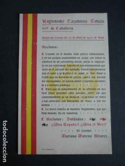 Militaria: REGIMIENTO CAZADORES DE TETUAN REUS TARRAGONA 1920 TARJETA