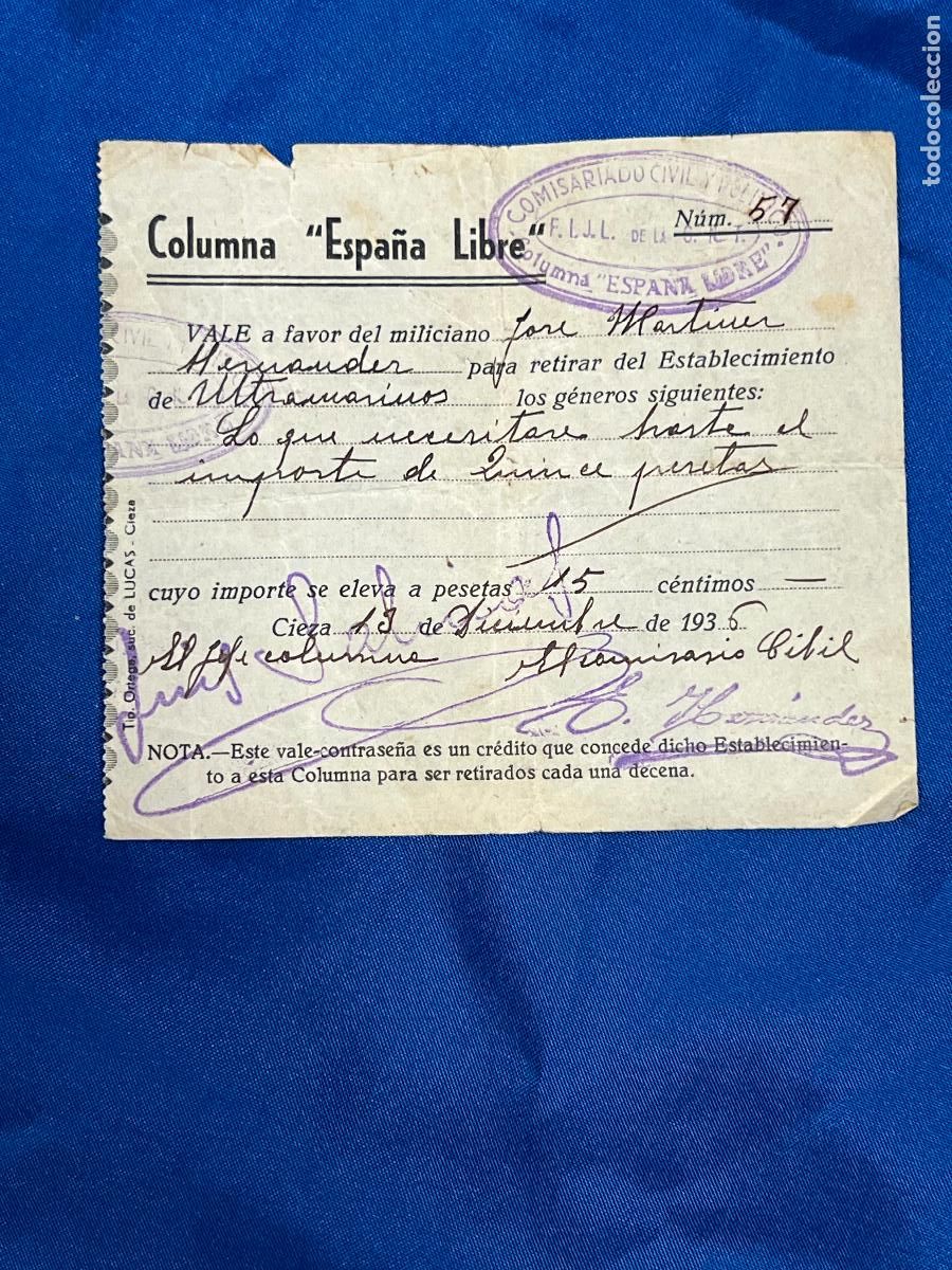 Militaria: Columna espa&ntilde;a libre vale a favor de un miliciano murcia 1936 guerra civil - sello cnt y F.I.J.L