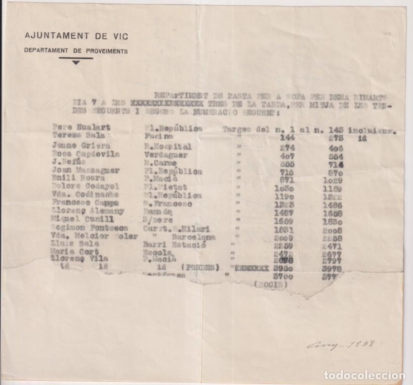 Militaria: Guerra civil 1938. Ajuntament de vic. Departament de proveiments. Repartiment de pasta per a sopa pe