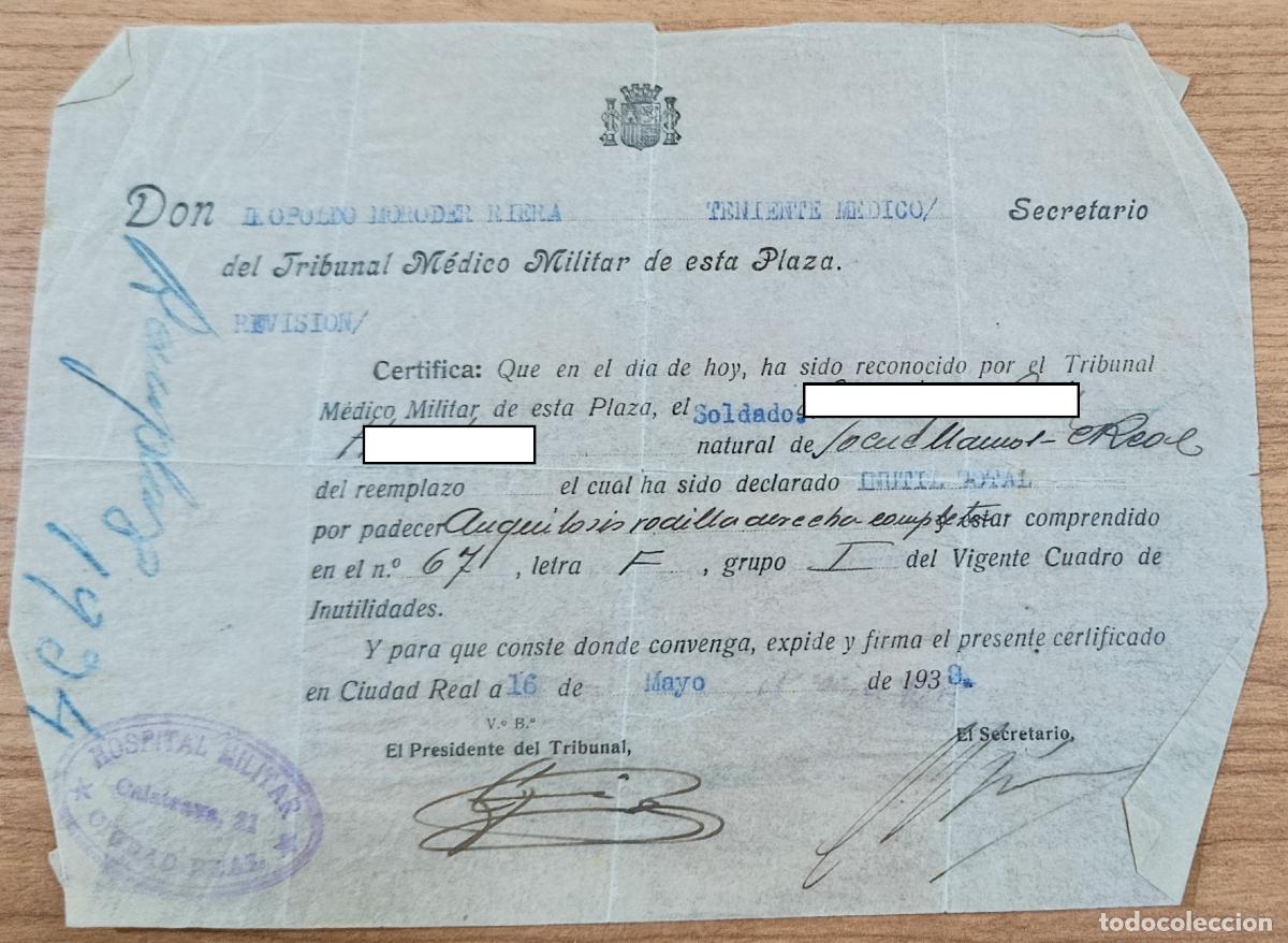 Militaria: DOCUMENTO MILITAR. REPUBLICA. CERTIFICADO TRIBUNAL M&Eacute;DICO DECLARADO INUTIL TOTAL. 1938
