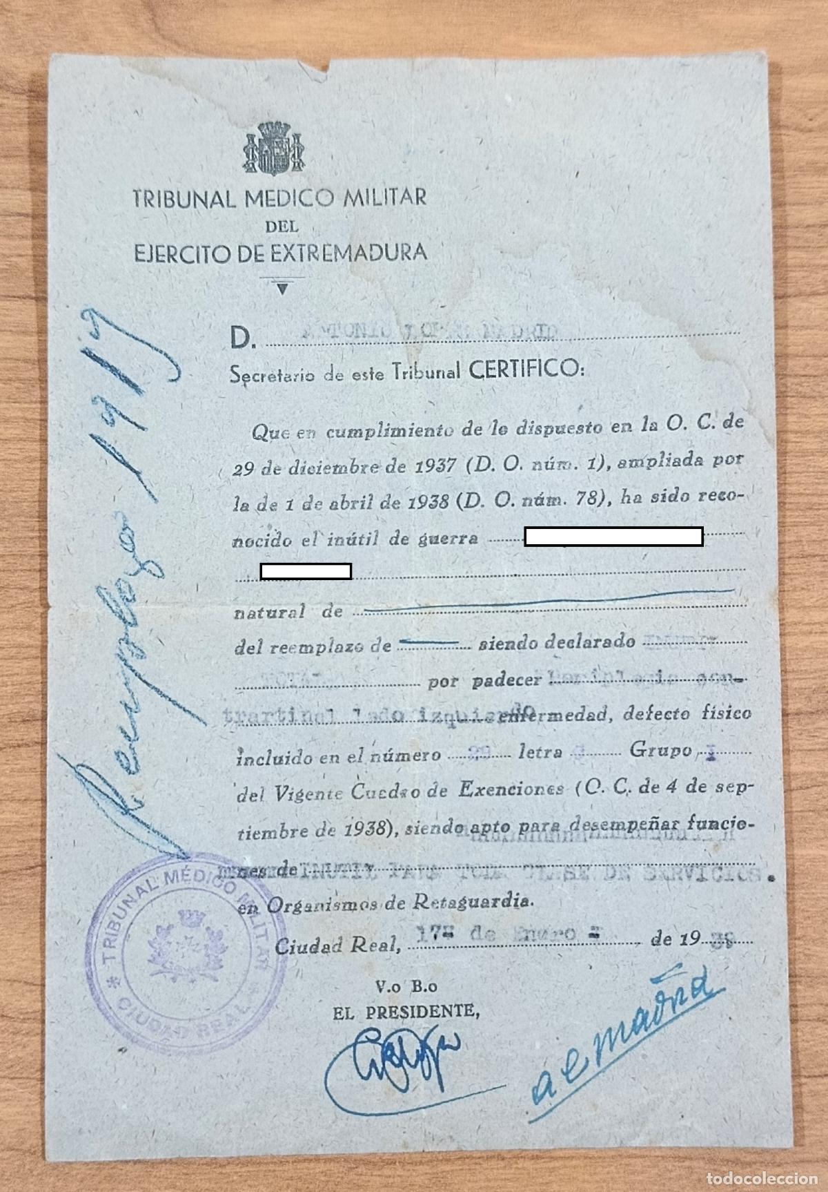 Militaria: DOCUMENTO MILITAR. REPUBLICA. CERTIFICADO TRIBUNAL M&Eacute;DICO DECLARADO INUTIL TOTAL. 1939