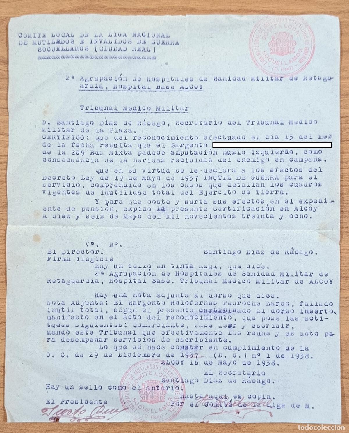 Militaria: DOCUMENTO MILITAR. REPUBLICA. CERTIFICADO AMPUTACION MUSLO POR HERIDAS DEL ENEMIGO. 1938