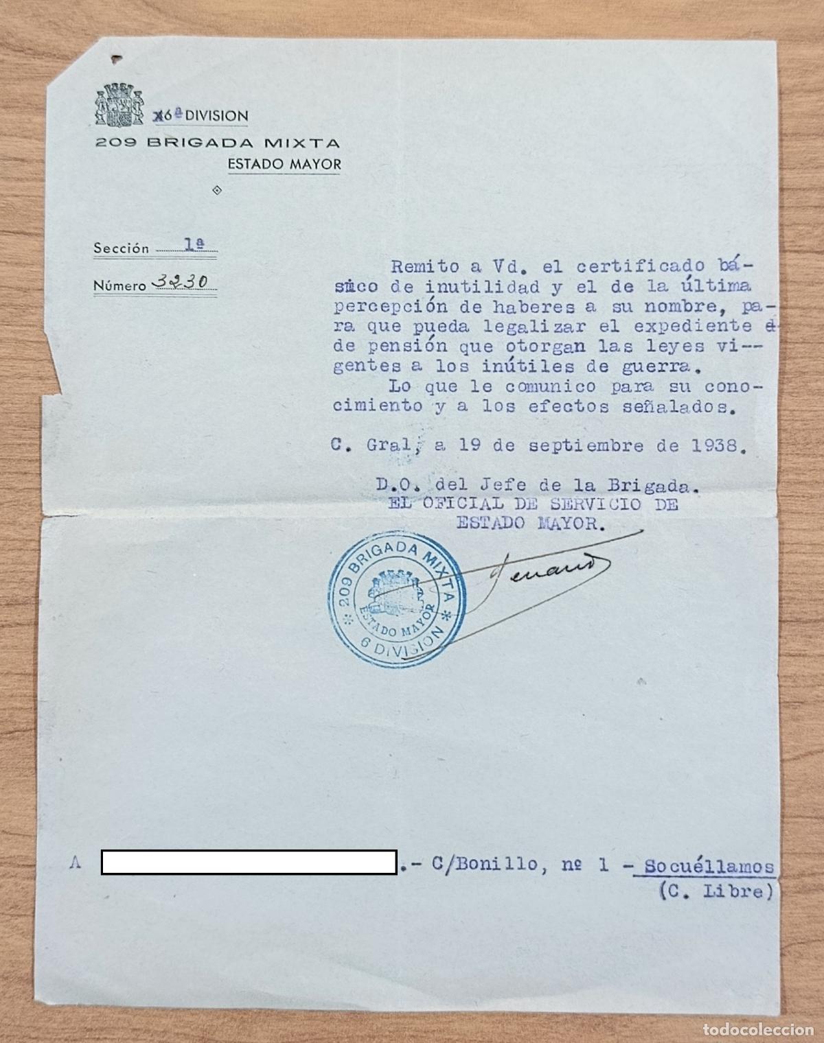 Militaria: DOCUMENTO MILITAR. REPUBLICA. CERTIFICADO IN&Uacute;TILES DE GUERRA 1938