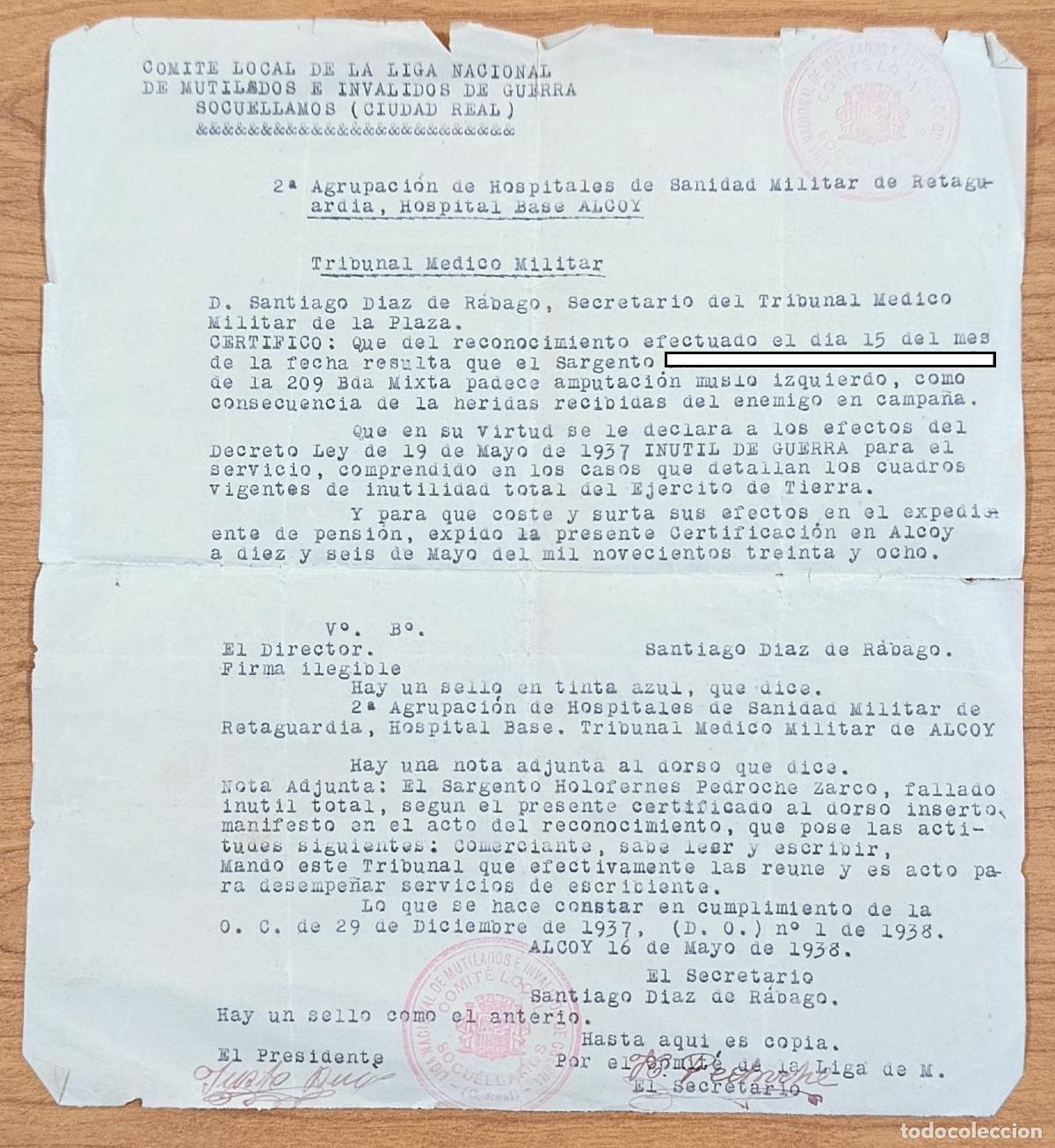 Militaria: DOCUMENTO MILITAR. REPUBLICA. CERTIFICADO IN&Uacute;TIL DE GUERRA 1938
