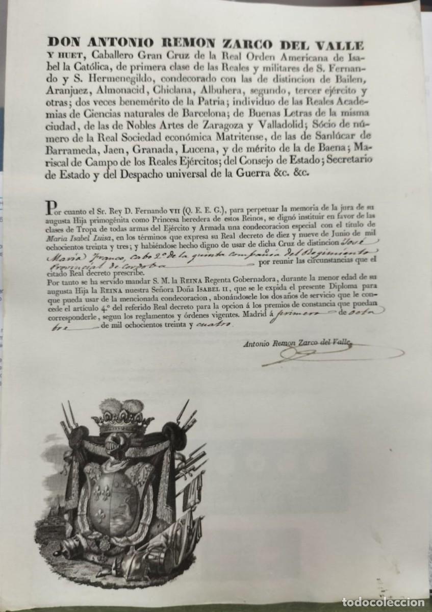 Militaria: A&ntilde;o 1834 - Antonio Rem&oacute;n Zarco del Valle - Fernando VII - Condecoraci&oacute;n Mar&iacute;a Isabel Luisa - Franco
