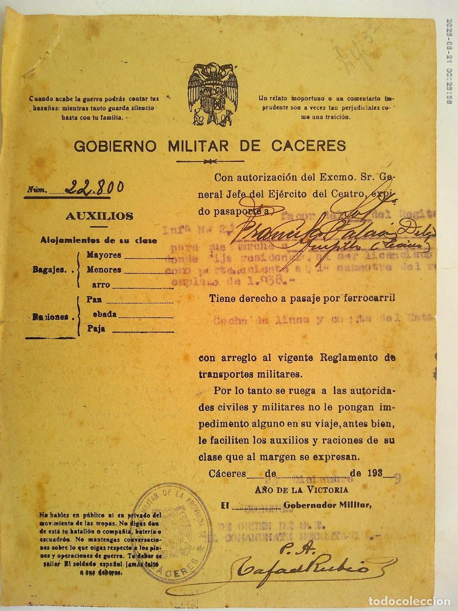 Militaria: GOBIERNO MILITAR DE CACERES : PASAPORTE POR FERROCARRIL A TRUJILLO . 1939 A&Ntilde;O DE LA VICTORIA