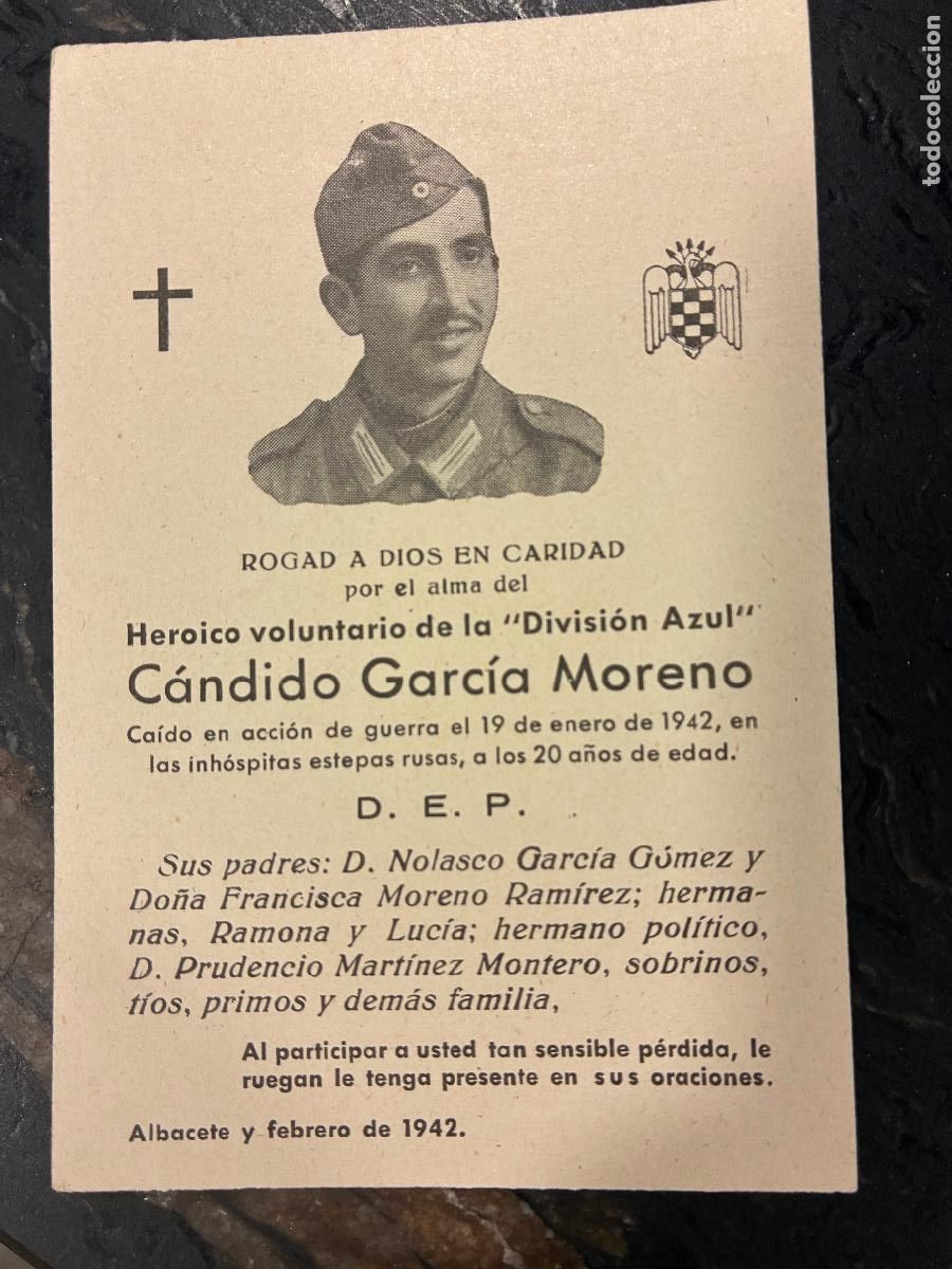 Militaria: Albacete funeral heroico voluntario la divi&oacute;n azul C&aacute;ndido Garc&iacute;a ca&iacute;do en las estepas rusas 1942