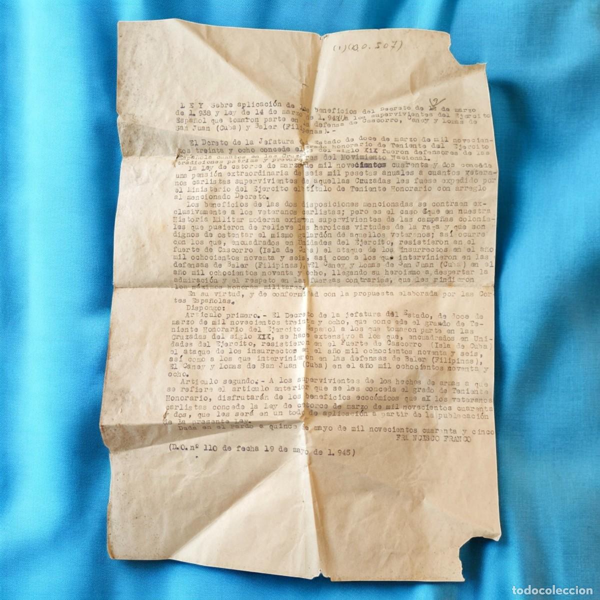 Militaria: Documento Oficial Original 1945 &ndash; Decreto y Beneficios a Veteranos &ndash; Texto Hist&oacute;rico Espa&ntilde;a