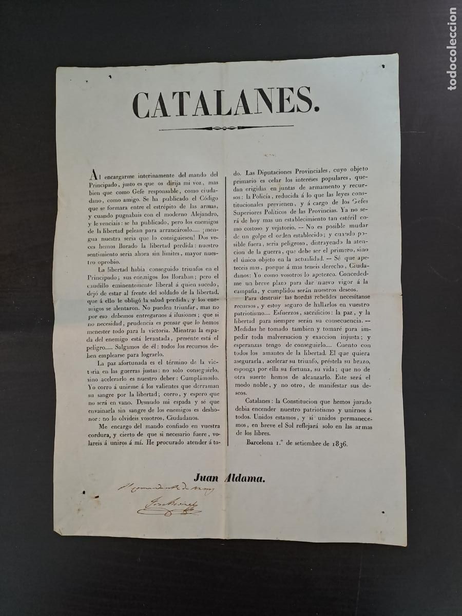 Militaria: BANDO MILITAR A LOS CATALANES DE JUAN DE ALDAMA BARCELONA SETIEMBRE DE 1836-PRIMERA GUERRA CARLISTA