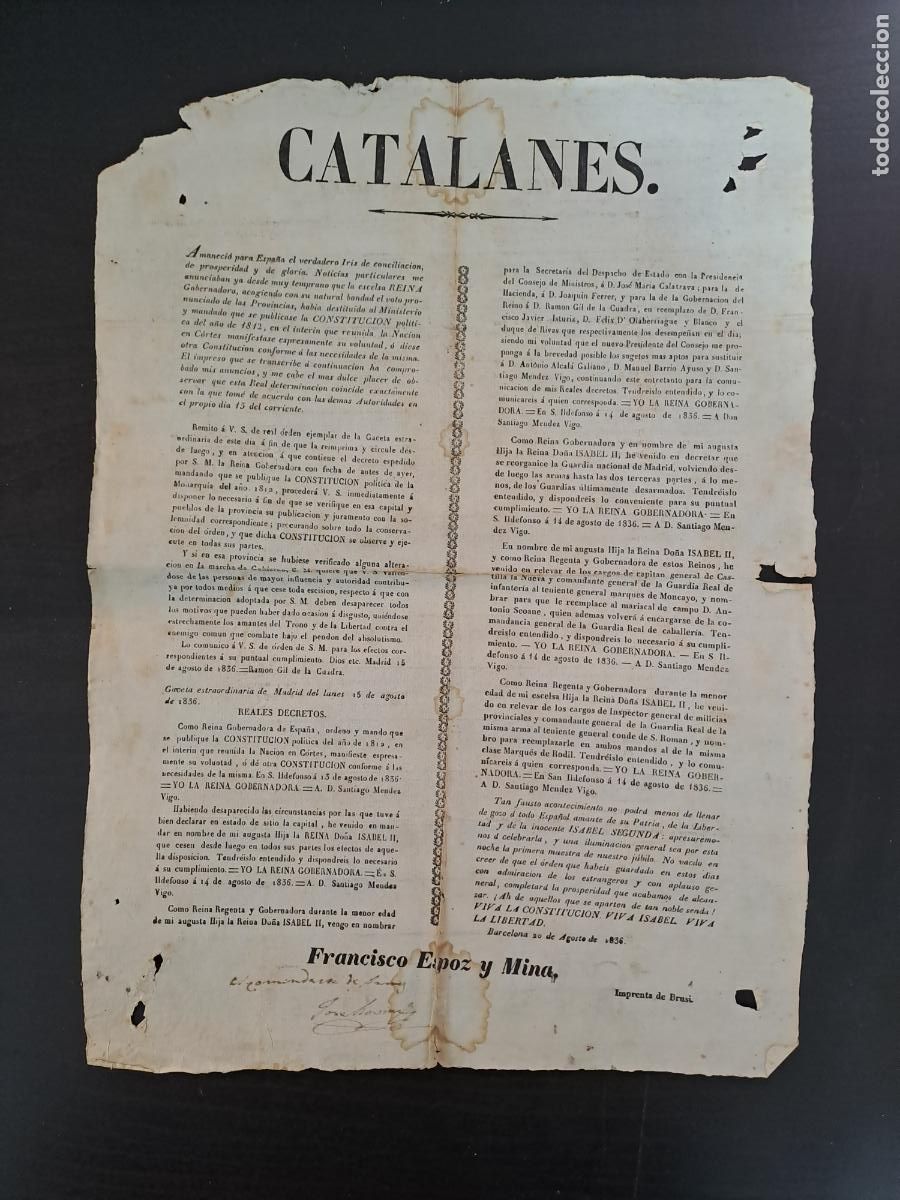 Militaria: BANDO MILITAR A LOS CATALANES DE FCO ESPOZ Y MINA-BARCELONA AGOSTO 1836