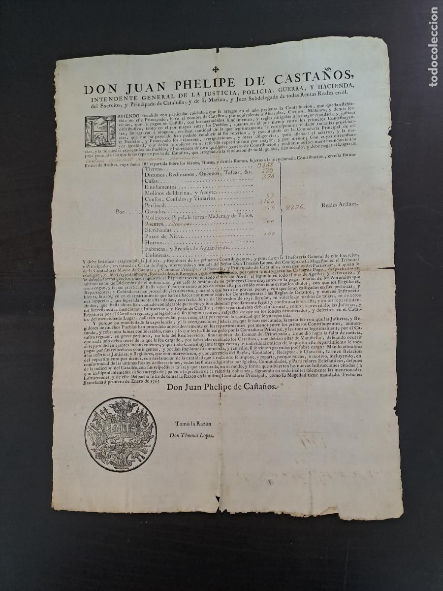 Militaria: BANDO DE DON JUAN PHELIPE DE CASTA&Ntilde;OS SOBRE RENTAS A PAGAR EL PUEBLO DE CORBERA DE LLOBREGAT