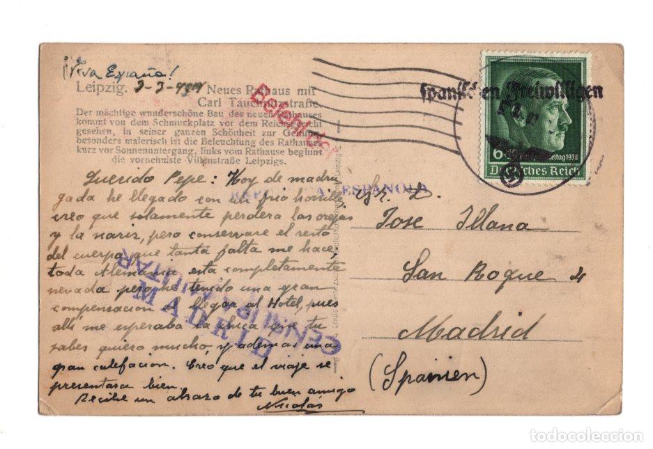 Militaria: LEIPZIG. ALEMANIA.- NUEVO AYUNTAMIENTO (NEUES RATHAUS). ADOLF HITLER. CENSURA MILITAR MADRID. 1939