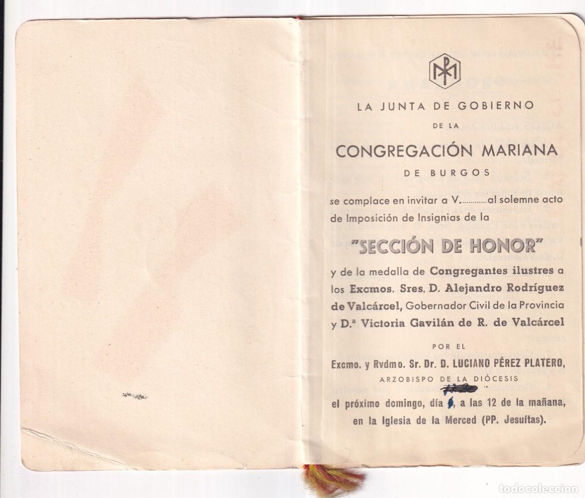 Militaria: Junta gobierno de la congregaci&oacute;n mariana de Burgos. Invitaci&oacute;n imposici&oacute;n insignias secci&oacute;n honor.