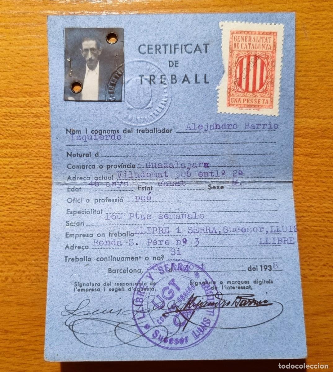Militaria: CERTIFICADO DE TRABAJO OFICIAL DE LA GENERALITAT DE CTALUNYA