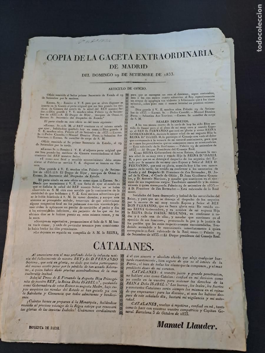 Militaria: BANDO-COPIA DE LA GACETA EXTRAORDINARIA DE MADRID 29/11/1833-REINA REGENTE-ISABEL II-MANUEL LLAUDER