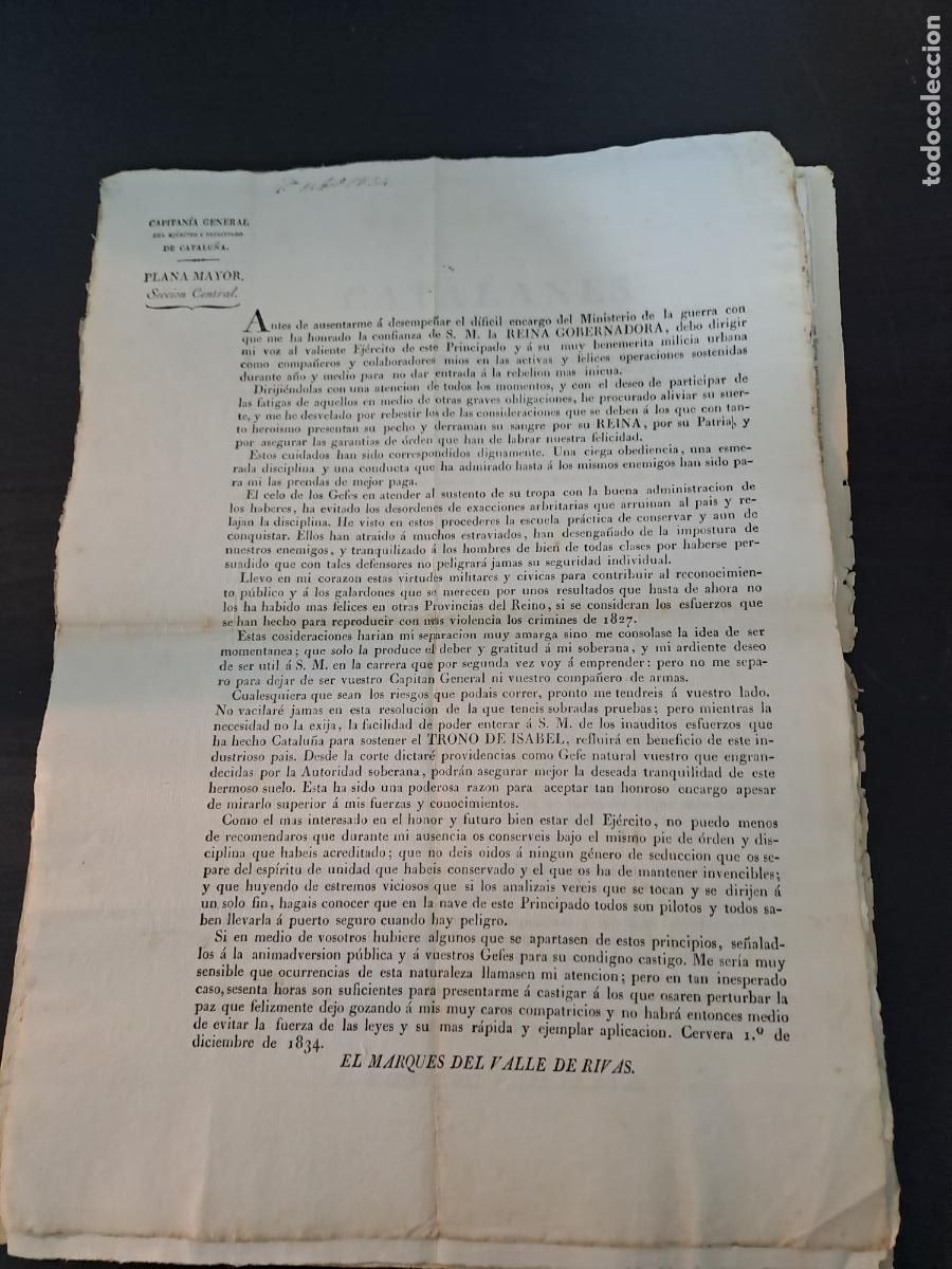 Militaria: BANDO-ISABEL II-EL MARQUES DEL VALLE DE RIVAS-CAPITANIA GENERAL DEL EJERCITO DE CATALU&Ntilde;A-PLANA MAYOR