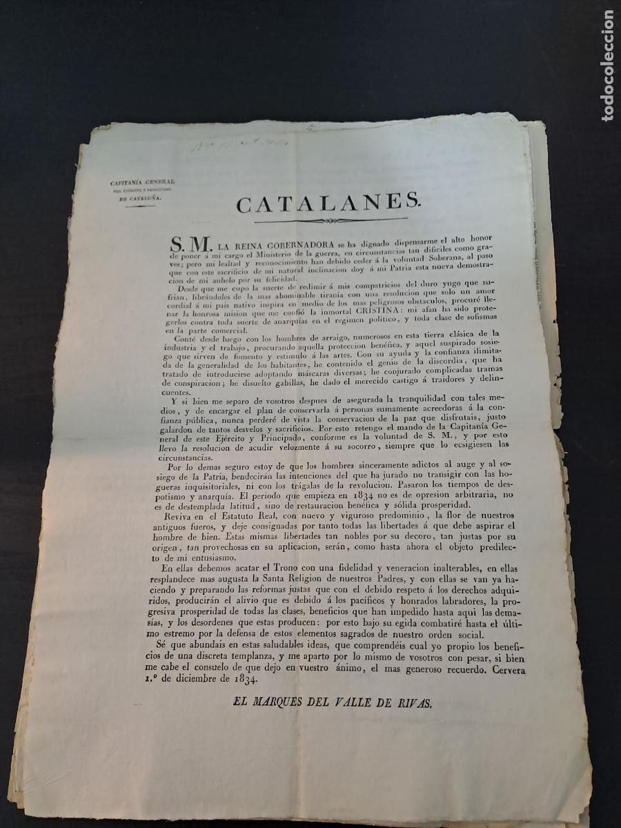 Militaria: BANDO-ISABEL II-EL MARQUES DEL VALLE DE RIVAS-CAPITANIA GENERAL DEL EJERCITO DE CATALU&Ntilde;A-PLANA MAYOR