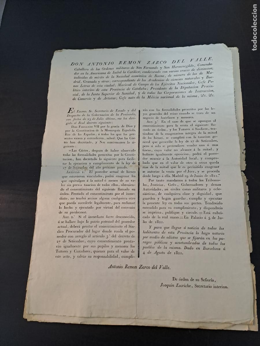 Militaria: BANDO-DON ANTONIO REMON ZARCO DEL VALLE-ORDEN DE GFERNANDO VIIPAGO DE IMPUESTOS AGOSTO 1821