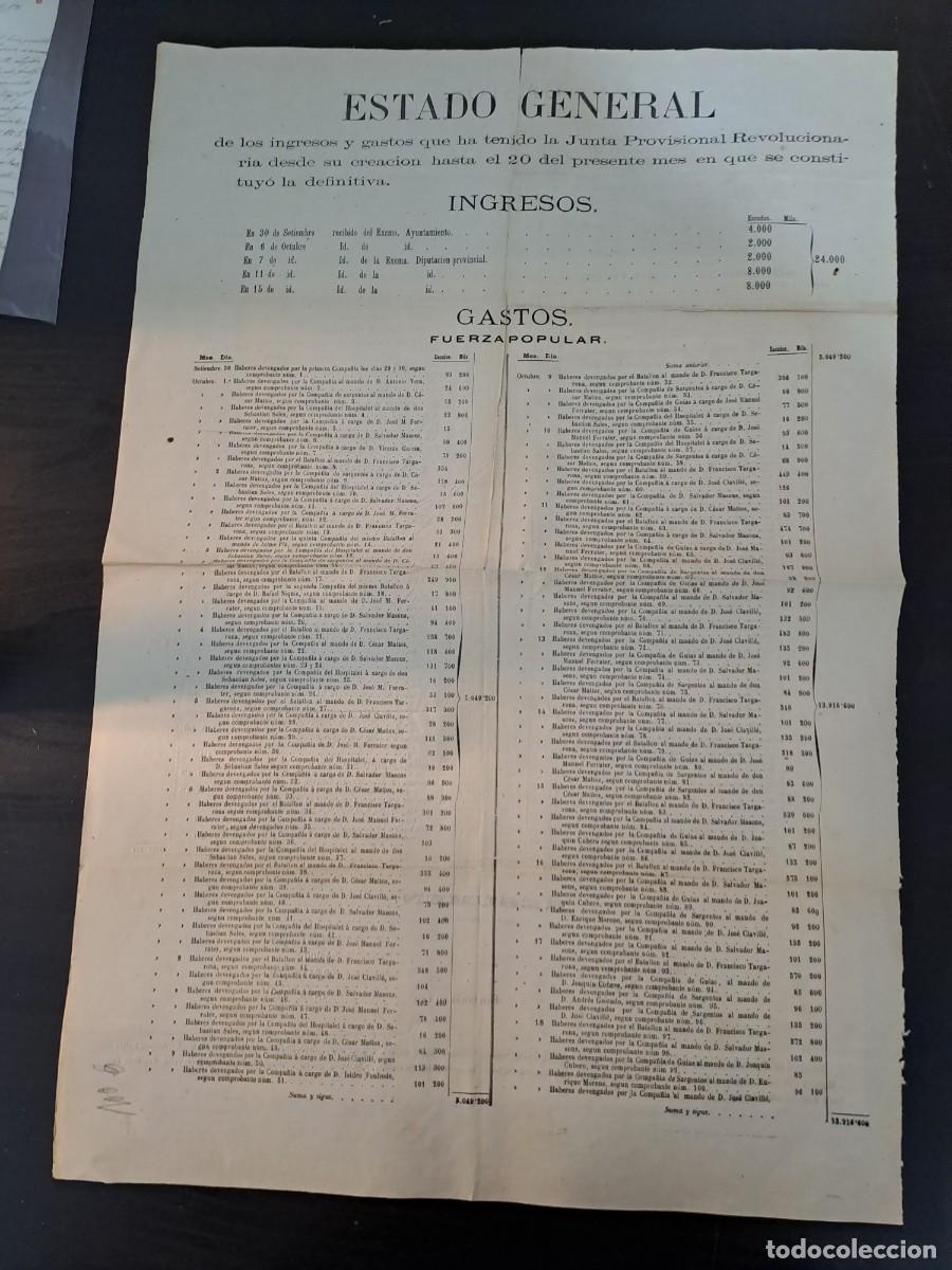 Militaria: LA GLORIOSA-JUNTA PROVISIONAL REVOLUCIONARIA-ESTADO GENERAL INGRESOS Y GASTOS-20 OCTUBRE 1868