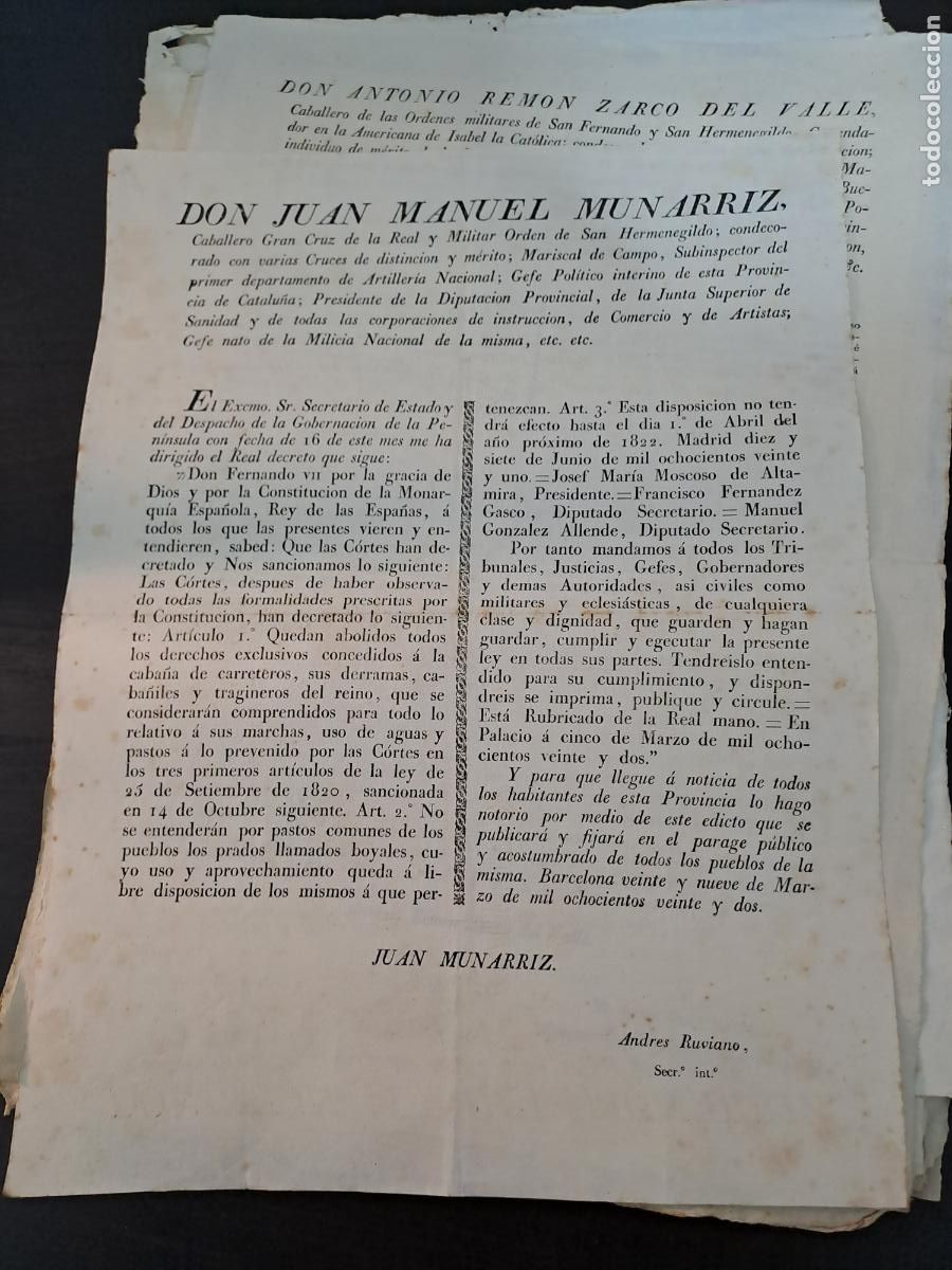 Militaria: BANDO FERNANDO VII-REGULACION DEL USO DE PASTOS Y AGUAS POR LOS CABA&Ntilde;ILES Y TRAGINEROS-1822
