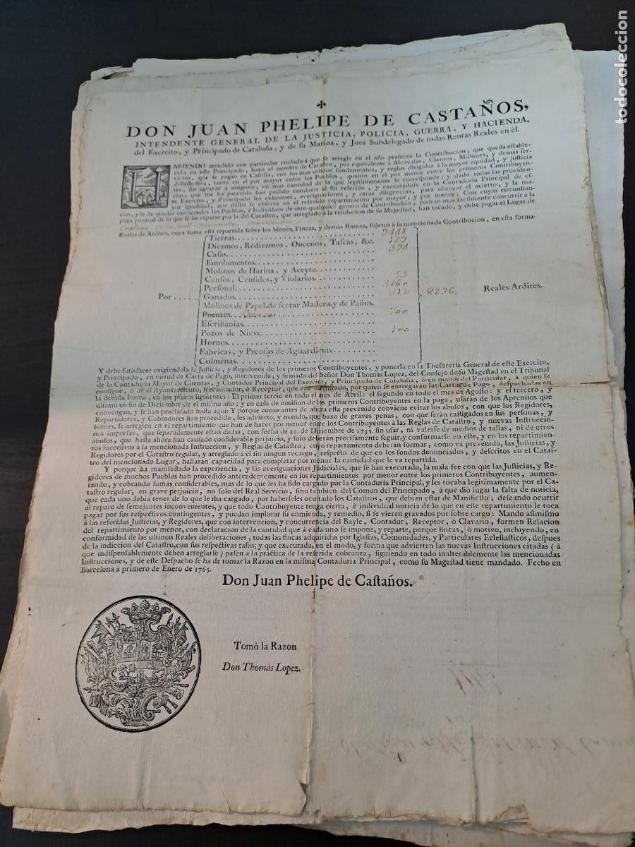 Militaria: CORBERA LLOBREGAT-JUAN PHELIPE DE CASTA&Ntilde;OS INTENDENTE DE JUSTICIA POLICIA GUERRA Y HACIENDA-TRIBUTOS