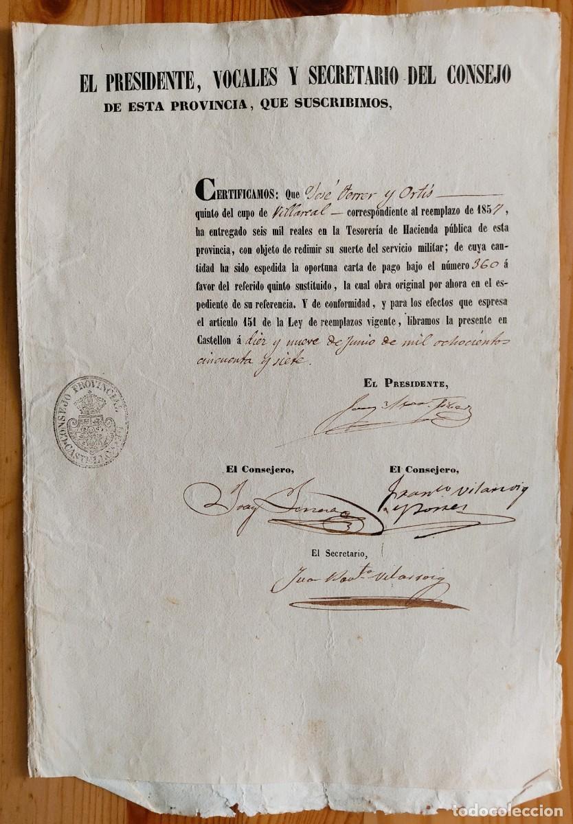 Militaria: VILLARREAL (CASTELL&Oacute;N) A&Ntilde;O 1857 - SELLO 4&ordm; 40 MARVED&Iacute;S CERTIFICADO PAGO PARA EVITAR SERVICIO MILITAR