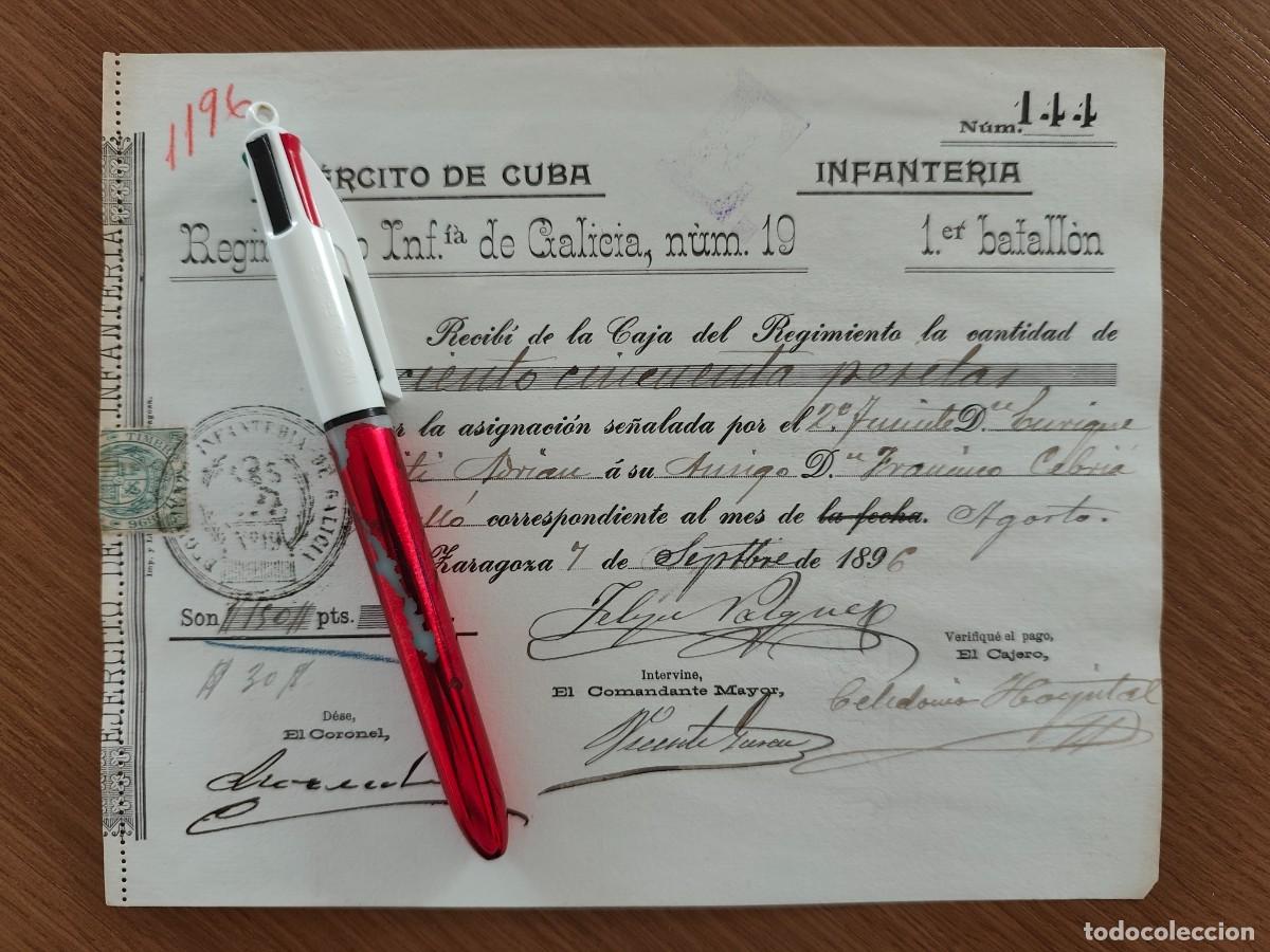 Militaria: EJERCITO DE CUBA ADELANTO DE PAGA REGIMIENTO GALICIA 19 OFICIALES 1896